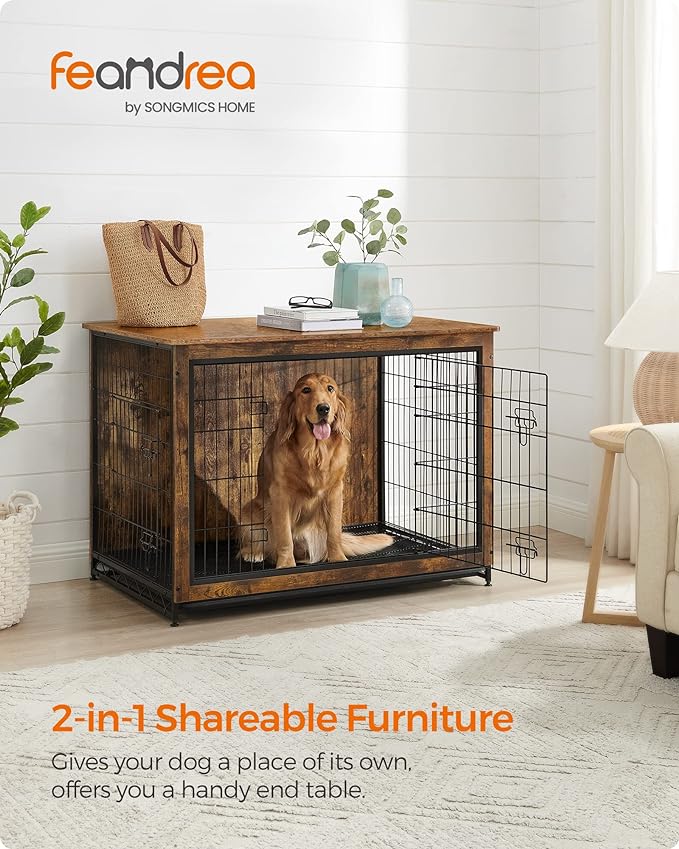 Feandrea Dog Crate Furniture, Side End Table, Modern Kennel for Dogs Indoor up to 80 lb, Heavy-Duty Dog Cage with Multi-Purpose Removable Tray, Double-Door Dog House, Rustic Brown UPFC004X01