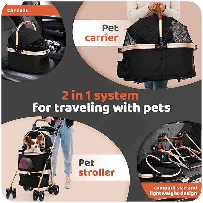 Dog Stroller, Pet Stroller, Cat Stroller – Zipperless Entry, Easy Fold with Removable Liner, Storage Basket + Cup Holder (Black)