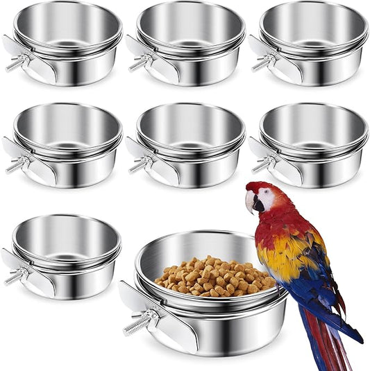 8 Pcs Stainless Steel Bird Food Bowls Bird Water Bowls with Clamp Holders, Bird Feeding Dish Cups Parrot Cage Coop Feeders for Cockatiel Conure Budgie Parakeet Macaw Lovebird Small Animal