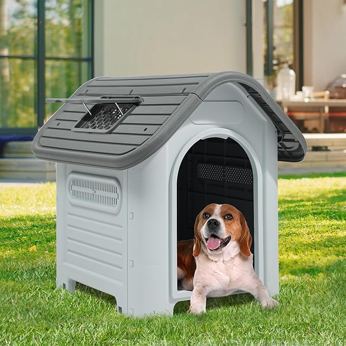 YITAHOME 34.3'' Large Dog House Outdoor Plastic Doghouse Water Resistant Pet House with Adjustable Skylight and Elevated Base for Small, Medium Dogs (34.3''L*28.3''W*29.5''H)