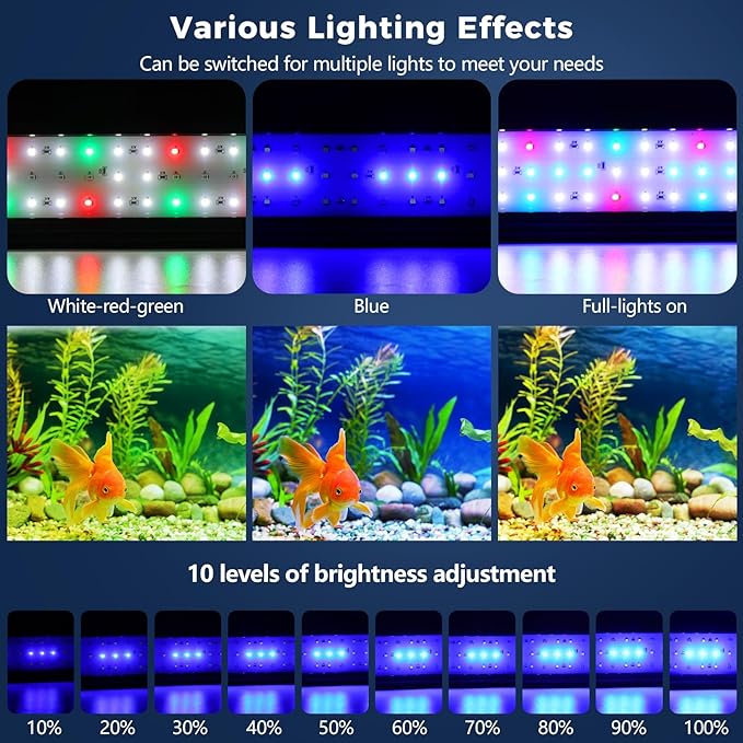 16W LED Aquarium Light for 24"-30" Fish Tank, Fish Tank Light with 10 Levels of Brightness, Full Spectrum Aquarium Light with White Blue Red Green LEDs, Fit for Fresh Water Fish Tank