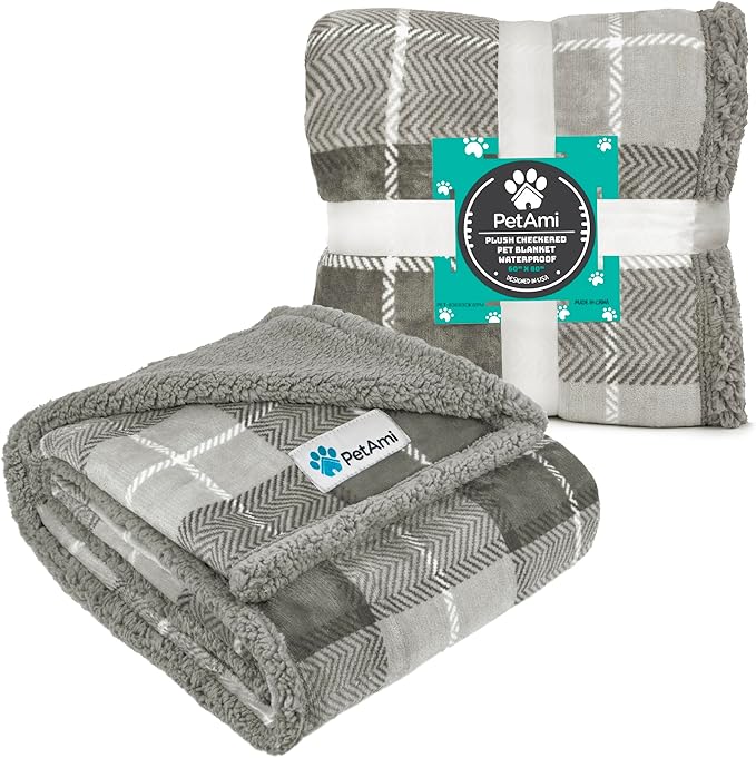 PetAmi WATERPROOF Dog Blanket For Medium Large Dog, Pet Puppy Blanket Couch Cover Protection Fleece Cat Blanket Washable Throw Couch Sofa Bed Furniture Protector Reversible Soft 60x40 Plaid Light Grey