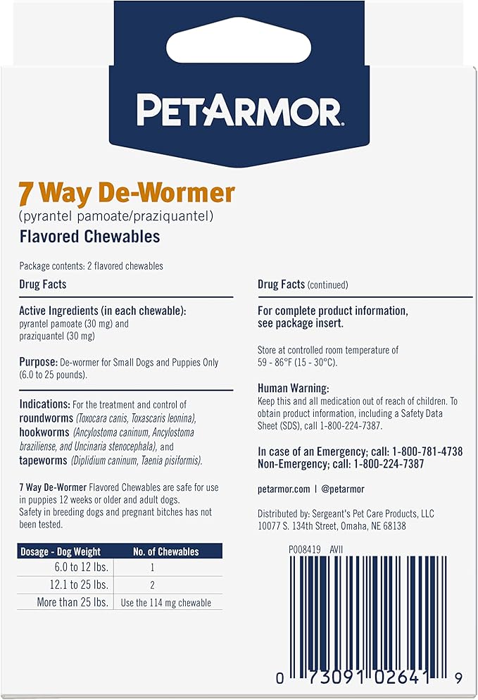 PetArmor 7 Way De-Wormer for Dogs, Oral Treatment for Tapeworm, Roundworm & Hookworm in Small Dogs & Puppies (6-25 lbs), Worm Remover (Praziquantel & Pyrantel Pamoate), 6 Flavored Chewables