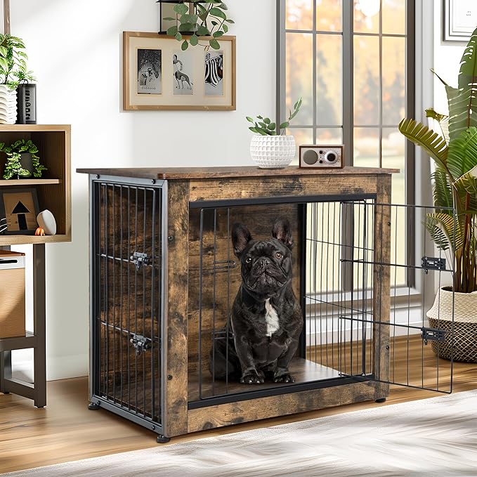 NicBex Dog Crate Furniture, 27.2" L Small Dog Crate, Dog Crates for Medium Small Dogs, Medium Dog Crate with Double Doors, Heavy Duty Dog Crate, Wooden Dog Kennel Indoor up to 30lb, Rustic Brown