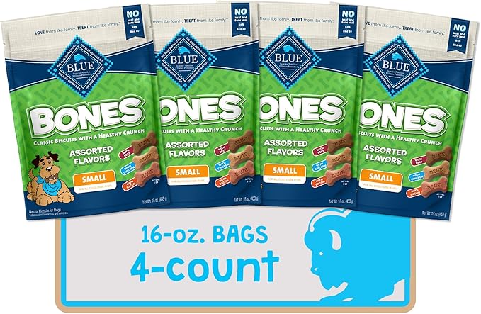 Blue Buffalo Bones Small Natural Dog Treats, Crunchy Dog Biscuits, Assorted Flavors - Beef, Chicken, Bacon Flavors, 16-oz. Bag (4 Pack)