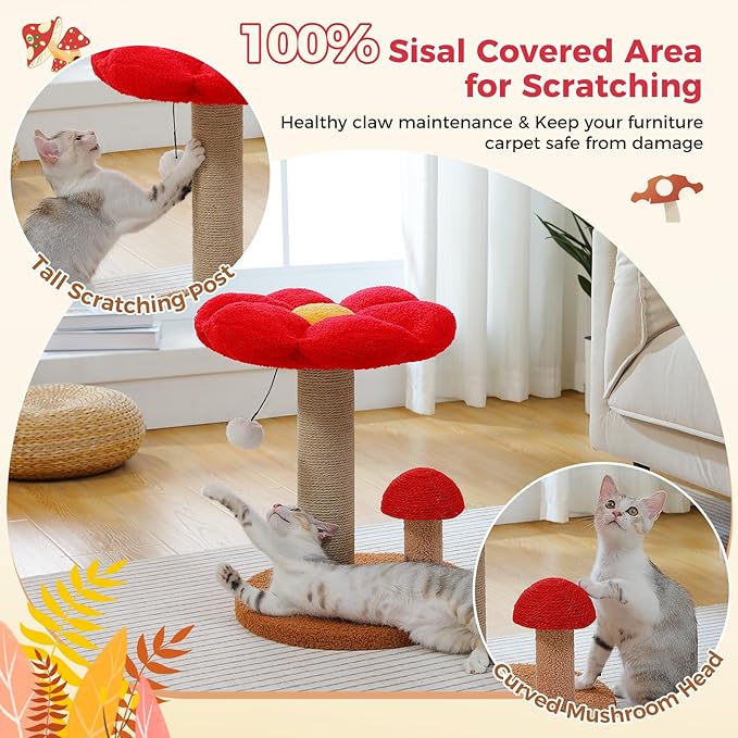 PETEPELA Flower Cat Scratching Post, Mushroom Cat Scratcher Cute with Thick Scratching Post & Removable Flower Large Cat Bed [Dia=15.7''], Tall Cat Post for Kittens and Indoor Small Cats