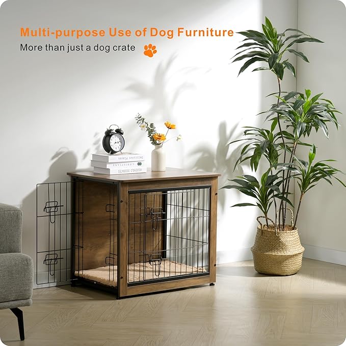 DWANTON Dog Crate Furniture with Cushion, Wooden Dog Crate with Double Doors, Dog Furniture, Dog Kennel Indoor for Small/Medium/Large Dog，End Table, Small, 27.2" L, Warm Brown