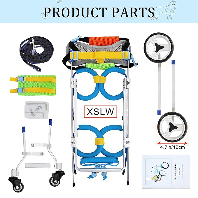 Adjustable 4-Wheel Dog Cart/Wheelchair, Animal Exercise Wheels，for Pet/Doggie Wheelchairs with Disabled Hind Legs Walking，Light Weight, Easy Assemble(7-Size)(XSLW)