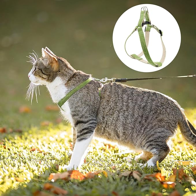 Cat Harness for Walking Escape Proof Linen Fabric Adjustable Pet Vest Harness Comfortable Soft Lightweight Harness for Cats and Dogs Green M