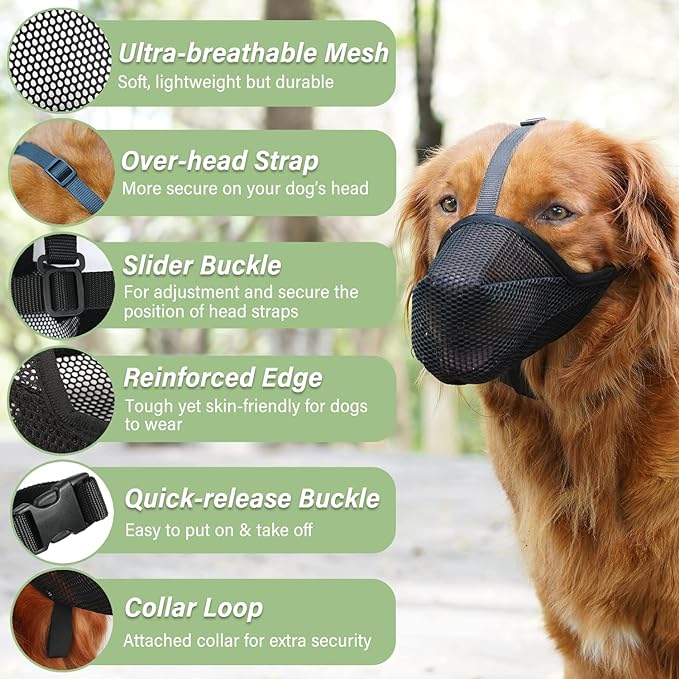 Mayerzon Dog Muzzle, Soft Mesh Muzzle for Small Medium Large Dogs, Adjustable Puppy Muzzles for Scavenging Biting Licking and Chewing, Allows Panting and Drinking