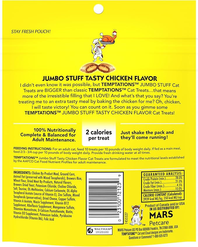 Temptations Jumbo Stuff Crunchy and Soft Cat Treats Tasty Chicken Flavor, 5.3 oz (Pack of 10)