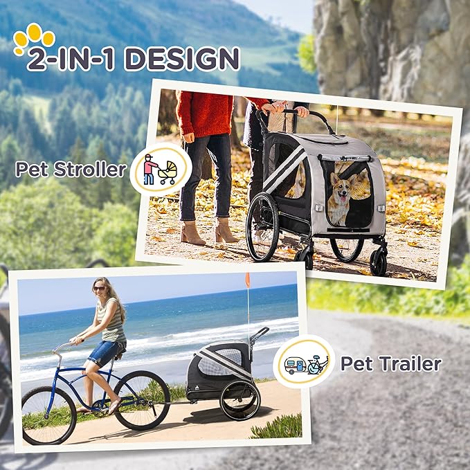 Aosom 2-in-1 Pet Bike Trailer for Small Dogs, Road-Visibility Bicycle Stroller, Weather-Strong Bike Wagon Trailer Sidecar Attachment