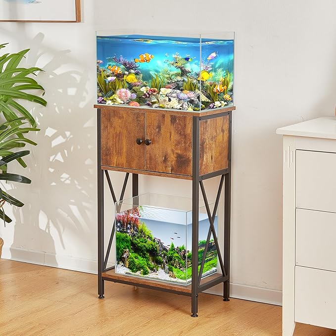 10 Gallon Fish Tank Stand with Cabinet, Double Aquarium Stand for 10 & 5 Gallon Fish Tank, Heavy Metal Stand with Stable Structure, Adjustable Table Feet & Anti-tilt Device - Rustic Brown