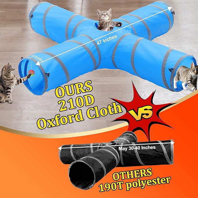 4 Way CAT Toy Tunnels - 47" x 47" x 10" Large Cat Tubes and Tunnels - Pop Up Design (Blue)