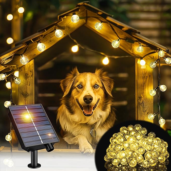 Dog House Decor Solar String Lights 1200mAh, Pet Supplies Decor with Battery String Lights for Cat Bed Pet House, Outdoor Dog Shelter Lights, 24.6ft 50 LED String Lights 8 Modes for Pets House Decor