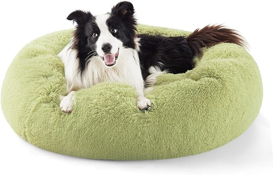 Bedsure Calming Dog Bed for Large Dogs - Donut Washable Large Pet Bed, Anti-Slip Round Fluffy Plush Faux Fur Dog Bed, Fits up to 100 lbs Pets, Green, 36 inches