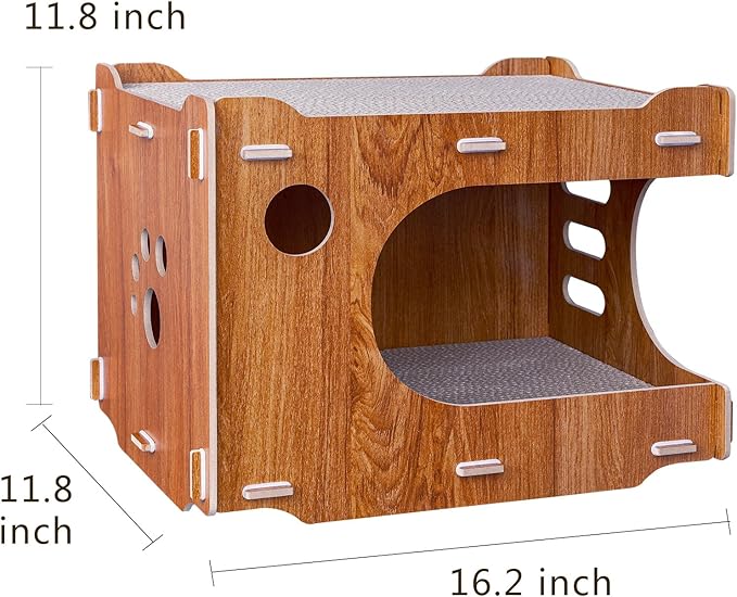 Wood Cat Scratcher House Cardboard with 2 PCS Cat Scratch Pads Cute Cat Scratchers Lounge Bed for Indoor Cats Cat Box cat Scratching House Wooden Cat Scratch House with Scratcher