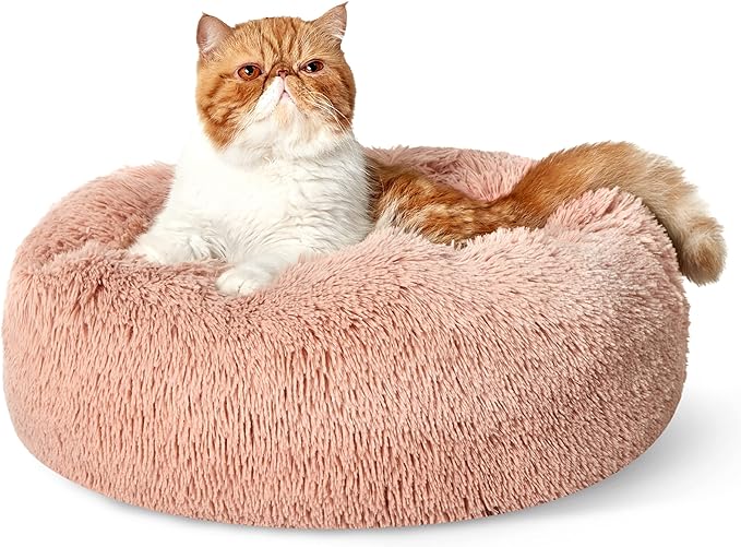 Bedsure Calming Cat Beds for Indoor Cats - Small Cat Bed Washable 20 inches, Anti-Slip Round Fluffy Plush Faux Fur Pet Bed, Fits up to 15 lbs Pets, Pink