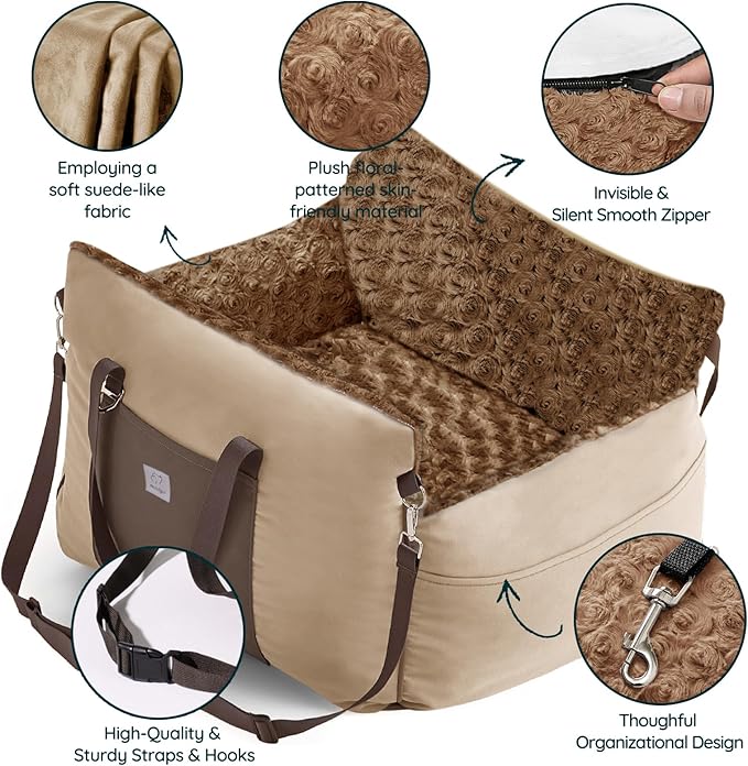 Small Dog Car Seat: Safe Comfy Travel Rides - Portable Multifuctional Puppy Bed for Carseat - Pet Booster Seats Up to 25lbs, Beige