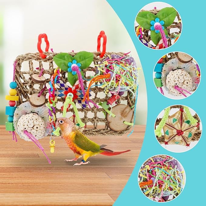 Hypeety Bird Toys Parrot Foraging Toys Bird Chew Toys Parakeet Shredding Seagrass Climbing Mat with Various Toys for Conure, Cockatiel, Lovebird, Parakeet, Budgie (M(Solla Ball))