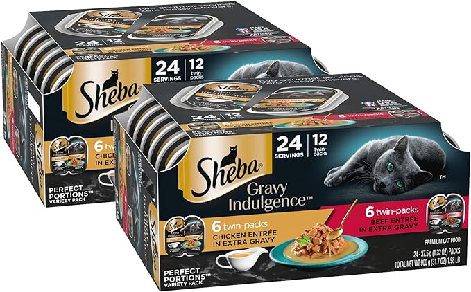 Sheba Gravy Indulgence Adult Wet Cat Food (24 Count, 48 Servings), Beef Entrée in Extra Gravy and Chicken Entrée in Extra Gravy Variety Pack, Easy Peel Twin-Pack Trays