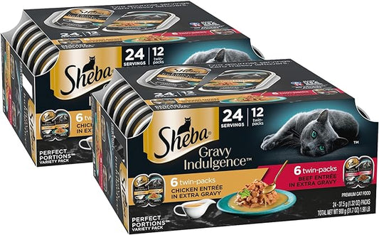 Sheba Gravy Indulgence Adult Wet Cat Food (24 Count, 48 Servings), Beef Entrée in Extra Gravy and Chicken Entrée in Extra Gravy Variety Pack, Easy Peel Twin-Pack Trays