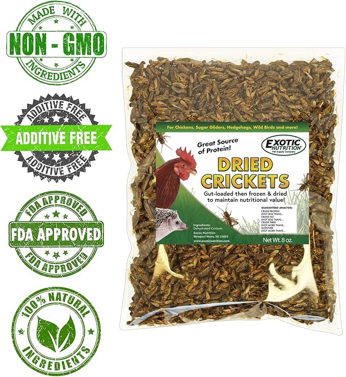 1 Pound Dried Crickets - High Protein Insect Treat - Chickens, Wild Birds, Hedgehogs, Bluebirds, Reptiles, Sugar Gliders, Opossums, Skunks, Lizards, Bearded Dragons, Fish, Turtles 8 oz. (2 Pack)