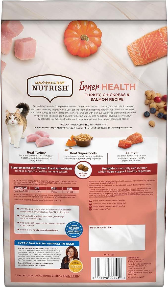 Rachael Ray Nutrish Inner Health Premium Natural Dry Cat Food with Added Vitamins, Minerals & Other Nutrients, Turkey with Chickpeas & Salmon Recipe, 3 Pounds