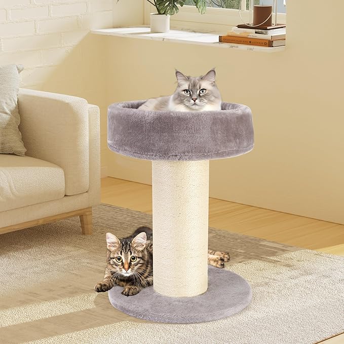 Cat Scratching Post Bed，Tall Cat Scratcher for Indoor Cats with Super Thick Nature Sisal Scratching Post [Dia=6'']， Removable Fluffy Cat Bed for Kitten & Adult Cats (Gery, L)