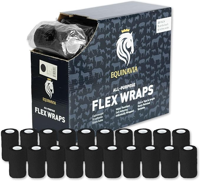 Equinavia 20 Pack Self Adhesive 4 Inch Vet Wraps with Easy-Dispenser Case | Bandages for Horses, Pets, Sports, Tattoo - Black - 20 x 5 yd - Black - 20 x 5 yd