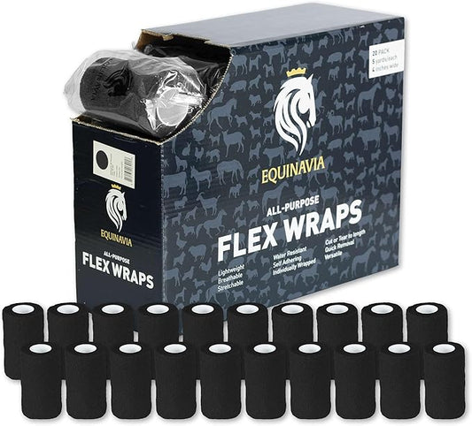 Equinavia 20 Pack Self Adhesive 4 Inch Vet Wraps with Easy-Dispenser Case | Bandages for Horses, Pets, Sports, Tattoo - Black - 20 x 5 yd - Black - 20 x 5 yd