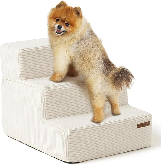 Lesure Dog Stairs for Small Dogs - Pet Stairs for Beds and Couch, Folding Pet Steps with CertiPUR-US Certified Foam for Cat and Doggy, Non-Slip Bottom Dog Steps, Beige, 3 Steps