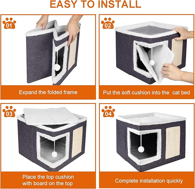 2 Pack Cat Houses for Indoor Cats - Large Cat Bed Cave for Cat House with Scratch Pad and Fluffy Ball, Foldable Cat Hideaway with Reversible Cushion Cat Condo for Multi Small Pet, Dark Grey