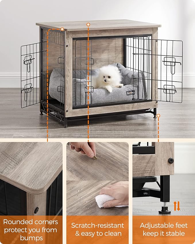 Feandrea Dog Crate Furniture, Side End Table, Modern Kennel for Dogs Indoor up to 30 lb, Heavy-Duty Dog Cage with Multi-Purpose Removable Tray, Double-Door Dog House, Greige UPFC001G01