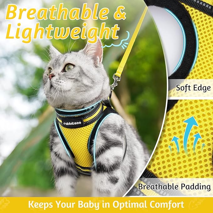 rabbitgoo Cat Harness and Leash Set for Walking Escape Proof, Adjustable Soft Kittens Vest with Reflective Strip for Cats, Comfortable Outdoor Vest, Bright Yellow, M