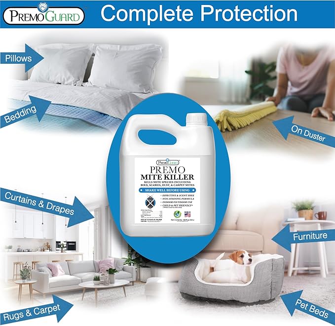 Mite Killer Spray by Premo Guard – 128 oz – Treatment for Dust Spider Bird Rat Mouse Carpet and Scabies Mites – Fast Acting 100% Effective – Child & Pet Safe – Best Natural Extended Protection