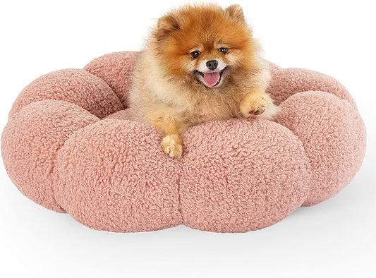 Lesure Calming Small Dog Bed - Flower Donut Round Fluffy Puppy Bed in Plush Teddy Sherpa, Non-Slip Cute Flower Cat Beds for Indoor Cats, Small Pet Bed Fits up to 25 lbs, Machine Washable, Pink 23"