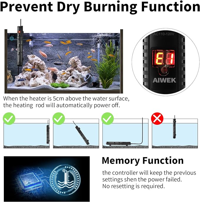 Aquarium Heater 300W Upgraded Fish Tank Heater With Leaving Water Automatically Stop Heating And Advanced Temperature Control System, Suitable For Saltwater And Freshwater 20 Gallons to 60 Gallons