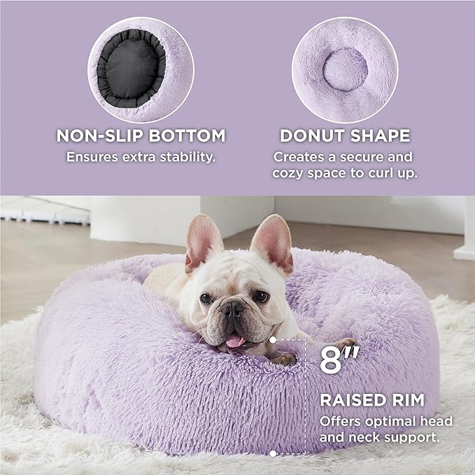 Bedsure Calming Dog Bed for Small Dogs - Donut Washable Small Pet Bed, 23 inches Anti-Slip Round Fluffy Plush Faux Fur Large Cat Bed, Fits up to 25 lbs Pets, Purple