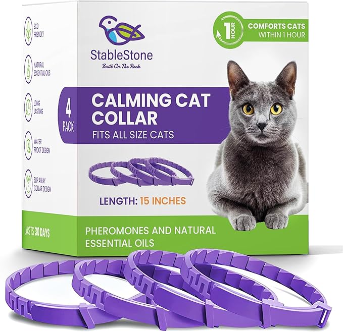 4 Pack Calming Collar for Cats, Cat Calming Collar, Calming Pheromone Collar for Cats, Cat Pheromone Collar, Cat Calming Collar for Anxiety, Efficient Relieve Anxiety Stress (4 Pack)