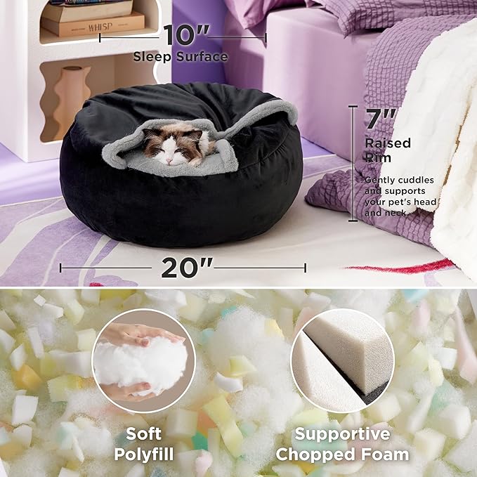 Lesure Cat Bed with Cover Cave - Covered Round Kitten Bed with Hooded Blanket, Machine Washable Burrow Pet Bed for Indoor Cats, Extra Small Cozy Cave Puppy Bed with Anti-Slip Bottom, Black 20"