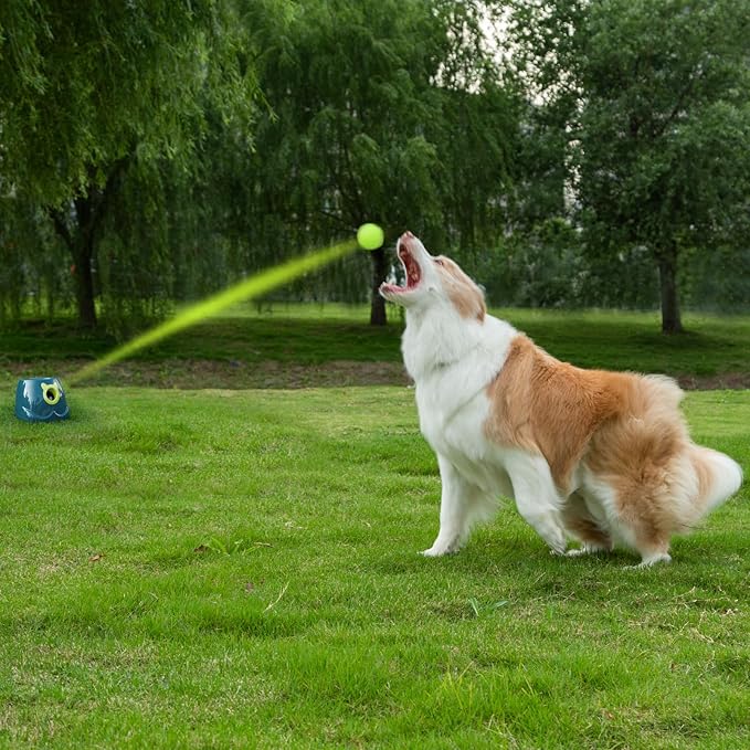 Automatic Ball Launcher for Dog, Including 9 Small Sized 2-inch Balls, Adjustable Launch Distance, Suitable for Small to Medium Sized Dogs (Blue)