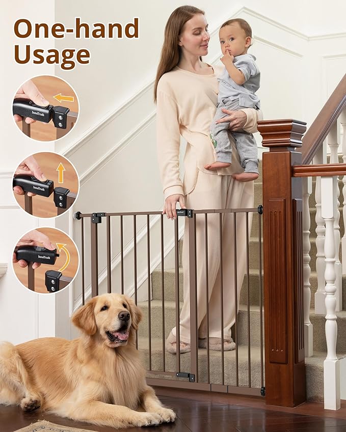 InnoTruth Baby Gate for Stairs 28.9-42.1" Wide, 30" Tall Easy Step Walk Through Expandable Dual Lock Dog Gates for The House, Metal Pressure Mounted Easy Install Pet Gate for Dogs, Brown