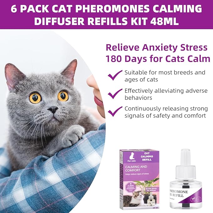 Cat Pheromones Calming Diffuser Refill, 6 Pack Cat Calming Diffuser Refills Kit, Relieve Anxiety Stress 180 Days for Cats Calm, 48ml Fit All Common Diffusers Plug in