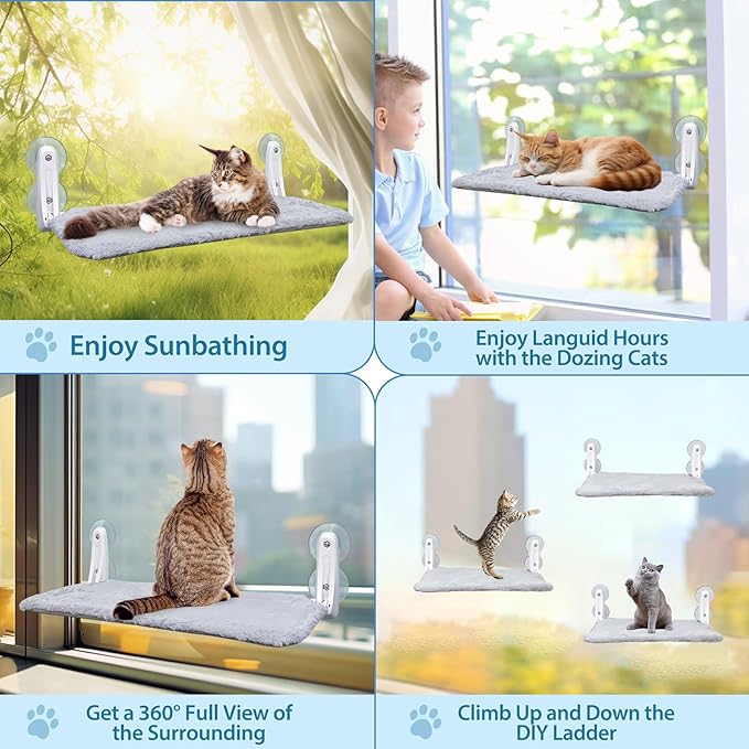 L&W BROS. 2PC Cat Window Perch Cordless Cat Hammock Easy to Assemble without tools in 2 minutes, with 4 Suction Cups, Soft Reversible Cover 20"x 12" Foldable Cat Beds for Indoor Cats (M 2Pc)