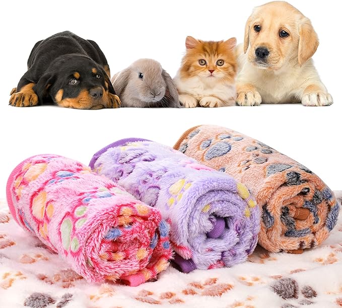 4 Pcs Pet Blanket Dog Puppy Blanket Paw Print Fleece Blanket for Small Medium Pet Dog Cat Warm Soft Sleep Mat Guinea Pig Cage Liners Blanket (White, Coffee, Pink, Purple,Medium(30 x 20.5 Inch))