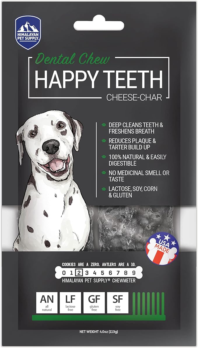 Happy Teeth Cheese & Charcoal Dental Dog Chews | Cheese Flavor with Activated Charcoal | Dental Chew | Protein Rich | Gluten Free - Lactose Free - Wheat Free - Soy Free| 2 Chews per Resealable Pouch