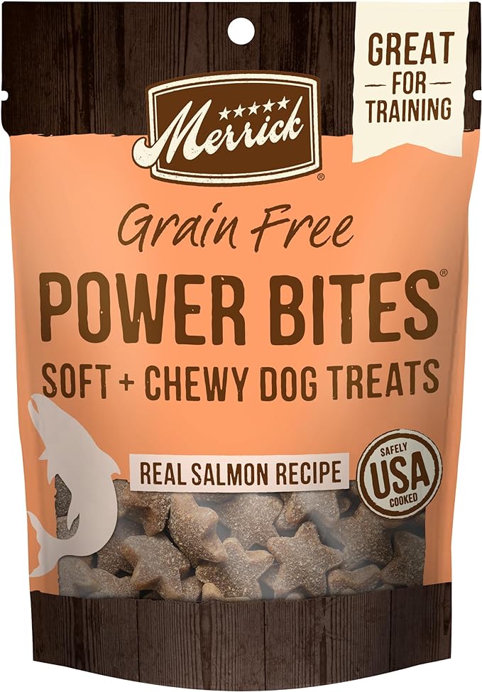 Merrick Power Bites Natural Soft And Chewy Real Meat Dog Treats, Grain Free Snack With Real Salmon Recipe - 6 oz. Bag