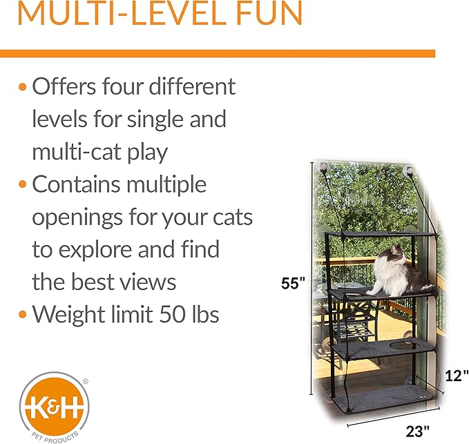 K&H Pet Products EZ Mount Window Sill Cat Bed, Cat Window Hammock, Sturdy Cat Window Perch for Large Cats, Cat Window Bed Cat Furniture, Cat Hammock for Window Cat Perch Cat Shelf - Quad Stack Gray