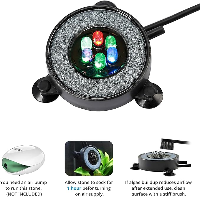 NICREW Multi-Colored LED Aquarium Bubbling Stone Disk, Round Fish Tank Bubbler with Auto Color Changing LEDs